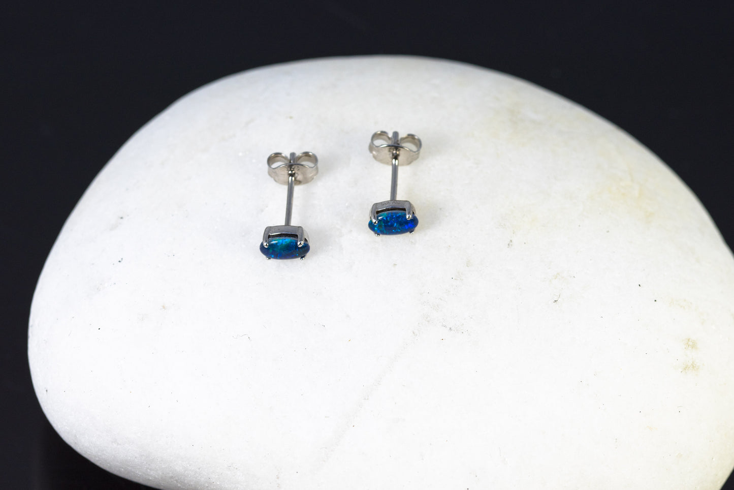 Dainty Australian Triplet Opal Earrings - Green Blue Fire Opal - Genuine Australian Triplet Opal Earrings in Sterling Silver White Gold Plated Simple Design
