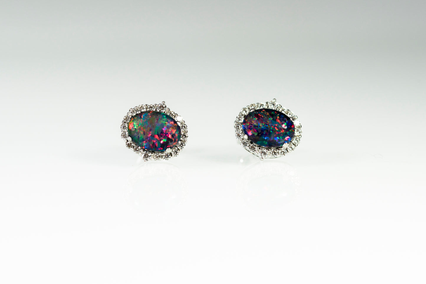 Genuine Australian Opal Earrings -Multi Color Fire Opal - Genuine Australian Triplet Opal Halo Cluster Earrings in Sterling Silver White Gold Plated