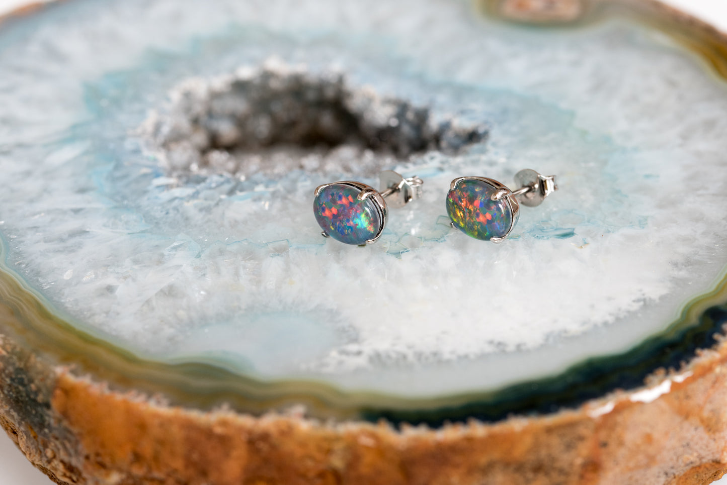 Australian Triplet Opal Earrings - Multi Color Simple Design  Fire Opal - Genuine Australian Triplet Opal Earrings in Sterling Silver White Gold Plated