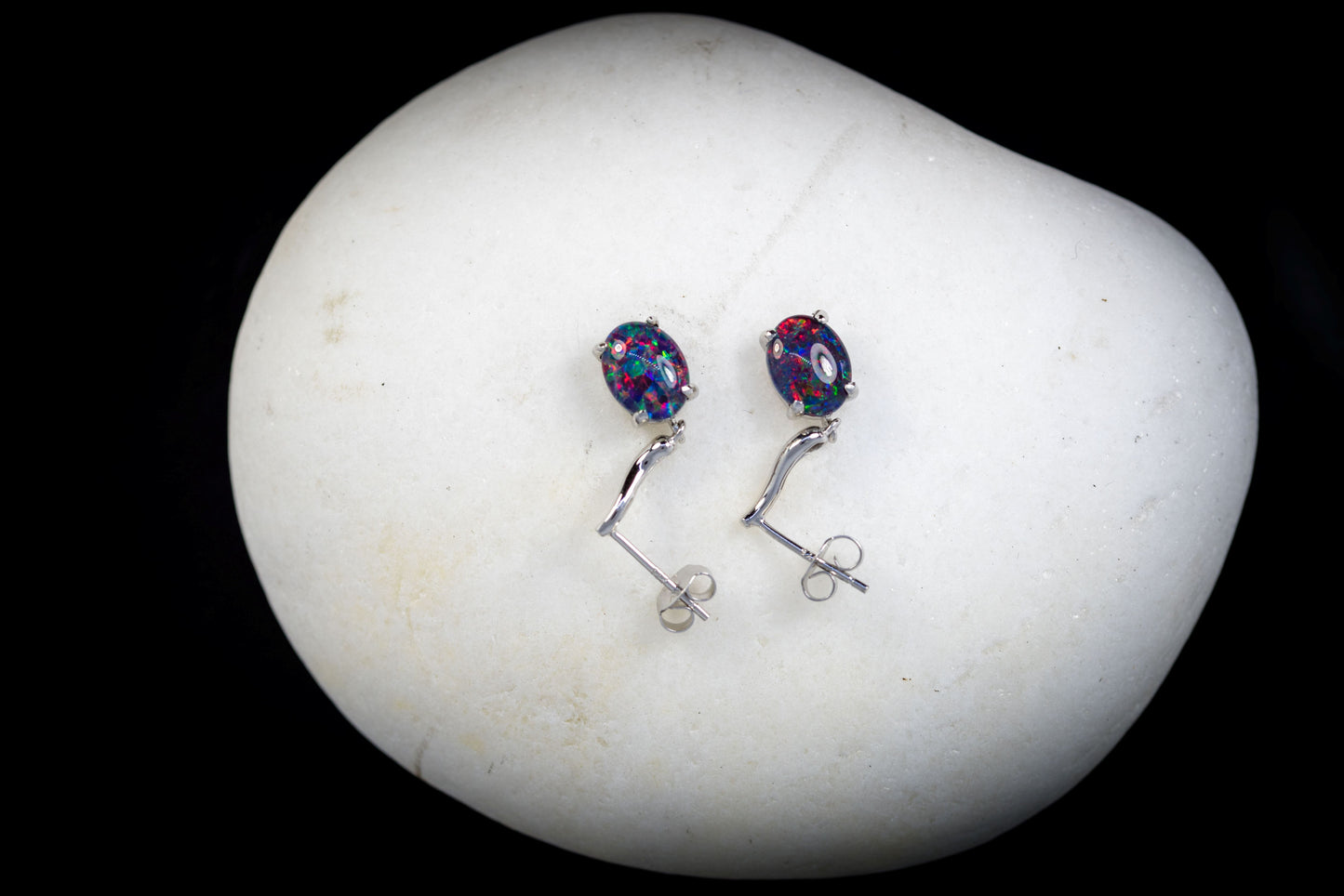 Australian Opal Earrings - Multi Color Fire Opal - Genuine Australian Triplet Opal Earrings in Sterling Silver White Gold Plated