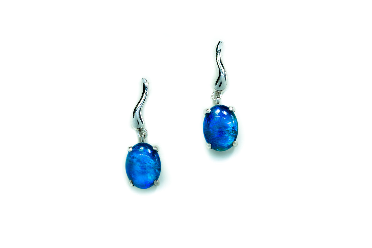 Australian Triplet Opal Earrings -Ocean Blue Opal - Genuine Australian Triplet Opal Earrings in Sterling Silver White Gold Plated