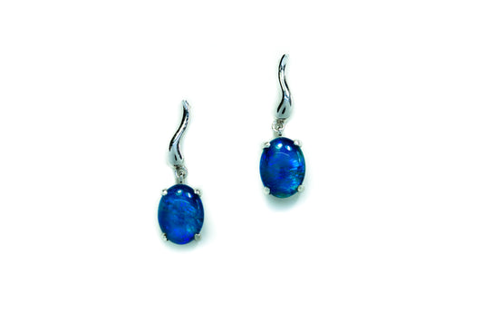 Australian Triplet Opal Earrings -Ocean Blue Opal - Genuine Australian Triplet Opal Earrings in Sterling Silver White Gold Plated