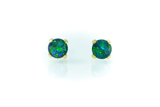 Dainty Australian Triplet Opal Earrings - Green Blue Fire Opal - Genuine Australian Triplet Opal Earrings in Sterling Silver Yellow Gold Plated