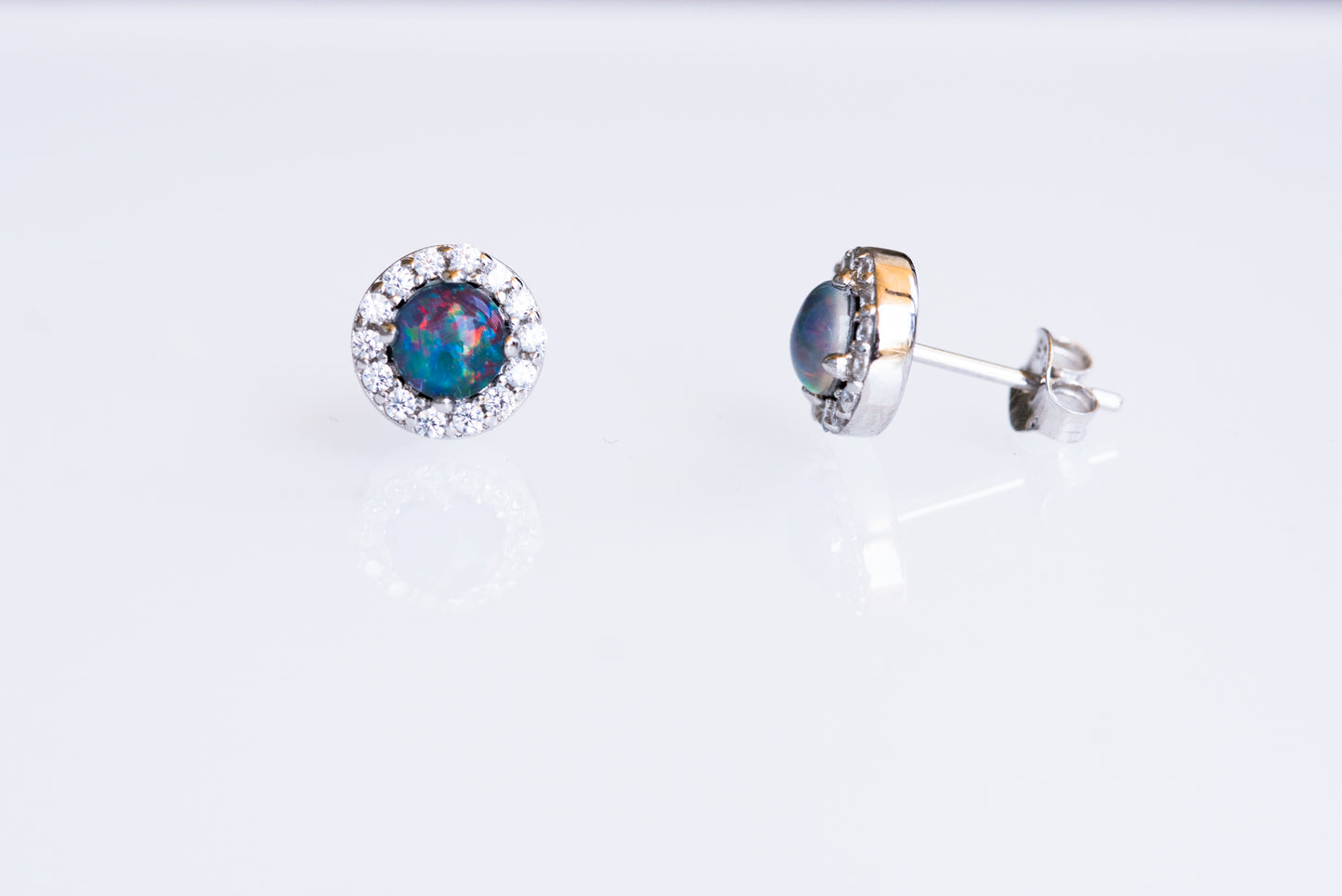 Australian Sparking Multi Color Triplet Opal Earrings in Sterling Silver White Gold-Plated, Halo Cluster Design