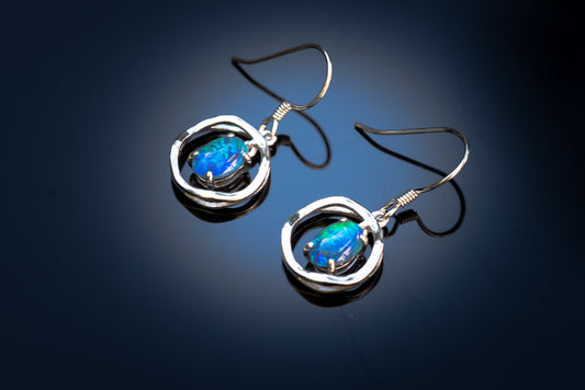 Australian Triplet Opal Earrings - Green Blue Fire Opal - Genuine Australian Triplet Opal Earrings in Sterling Silver White Gold Plated