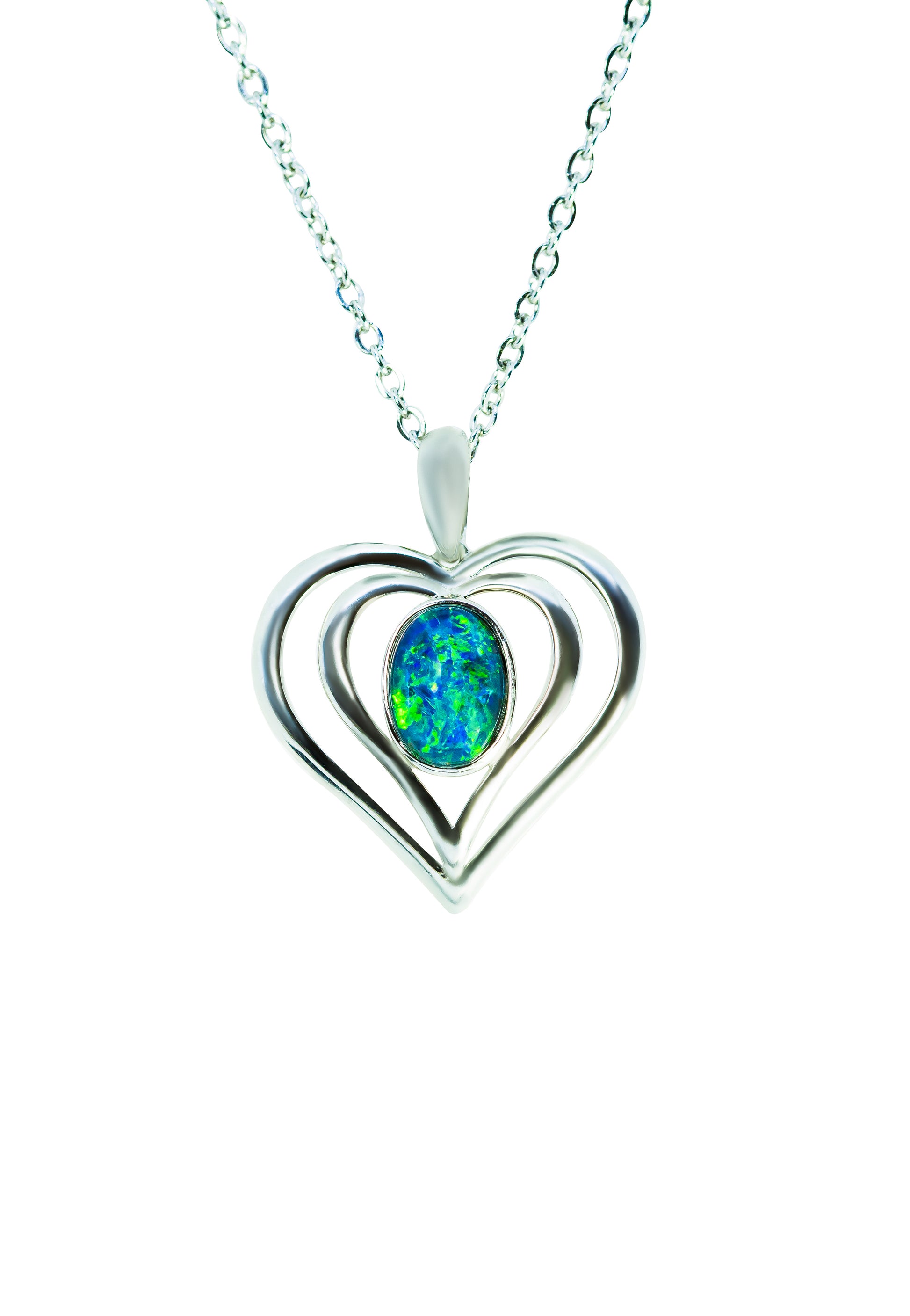 Heart-shaped pendant with a blue opal stone on a white background