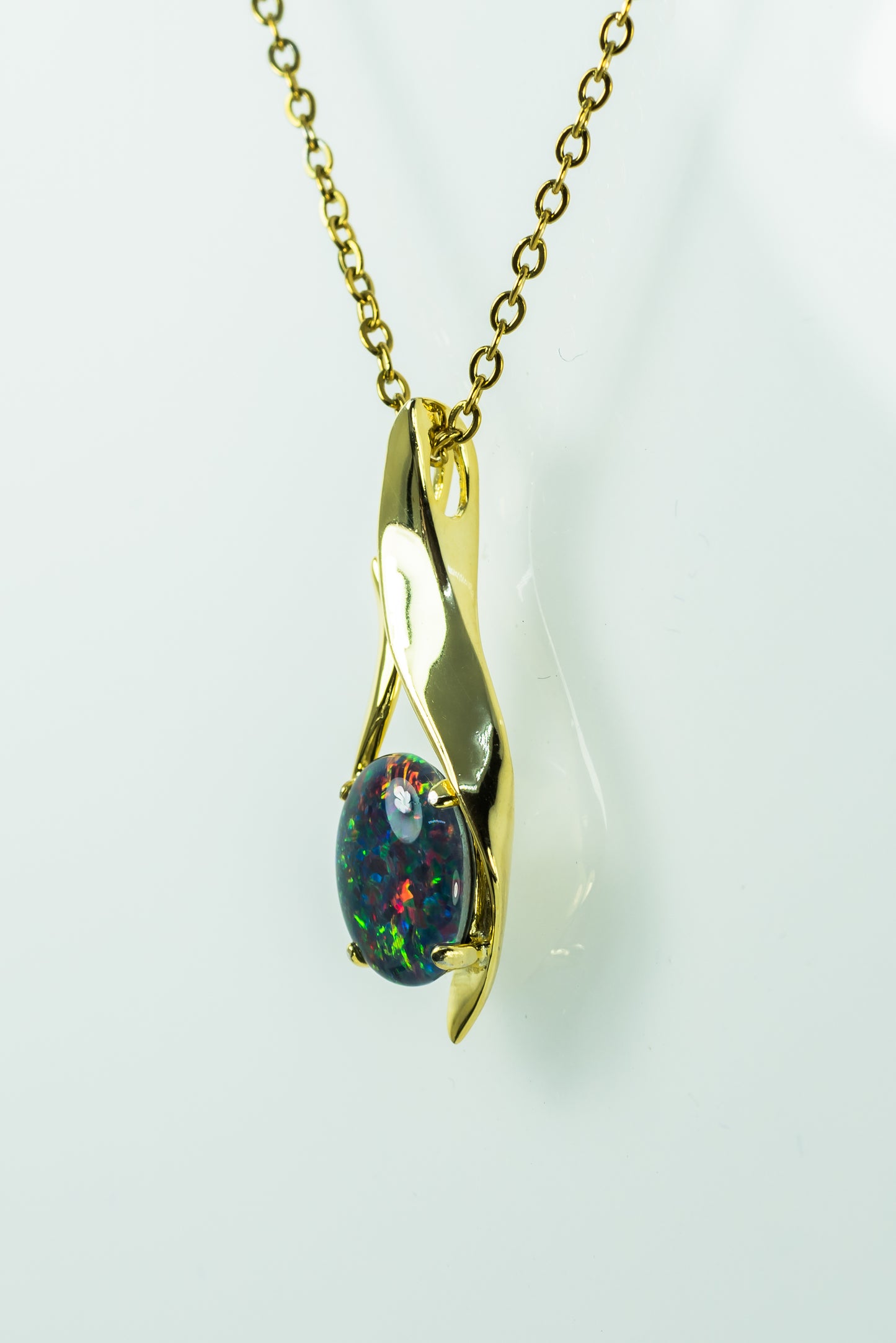 Australian Black Opal Triplet - Genuine Australian Triplet Opal Necklace Pendant - Yellow Gold Plated on Sterling Silver Women's Jewelry - Contemporary Design