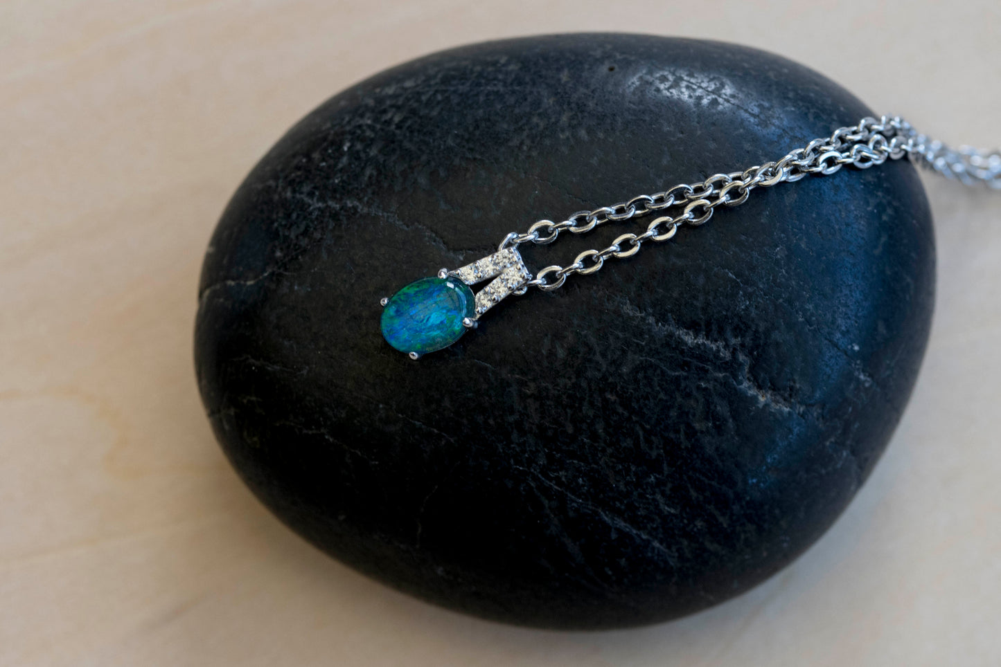 Dainty Green Blue Australian Triplet Opal Necklace - Australian Opal Pendant in Sterling Silver White Gold Plated