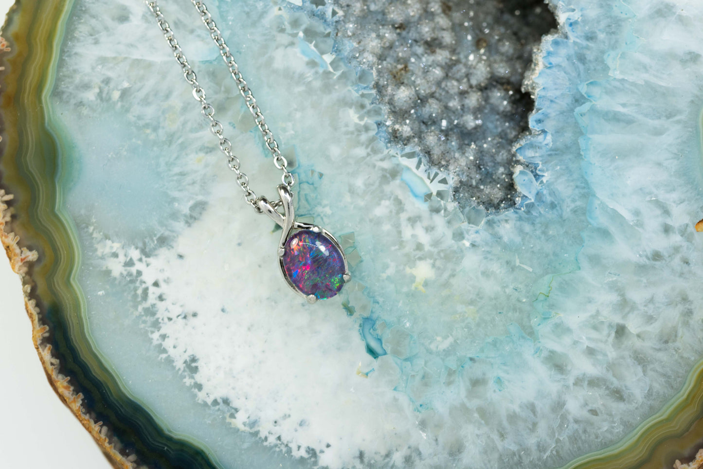 Danity Australia Triplet Opal Necklace - Multi Color Pendant - Genuine Australian Triplet Opal Necklace Pendant in Sterling Silver White Gold Plated