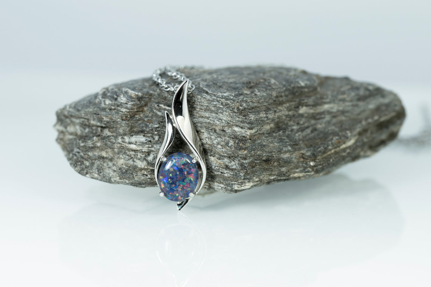 Multi Color Australian Black Opal Triplet - Genuine Australian Triplet Opal Necklace Pendant - White Gold Plated on Sterling Silver Women's Jewelry