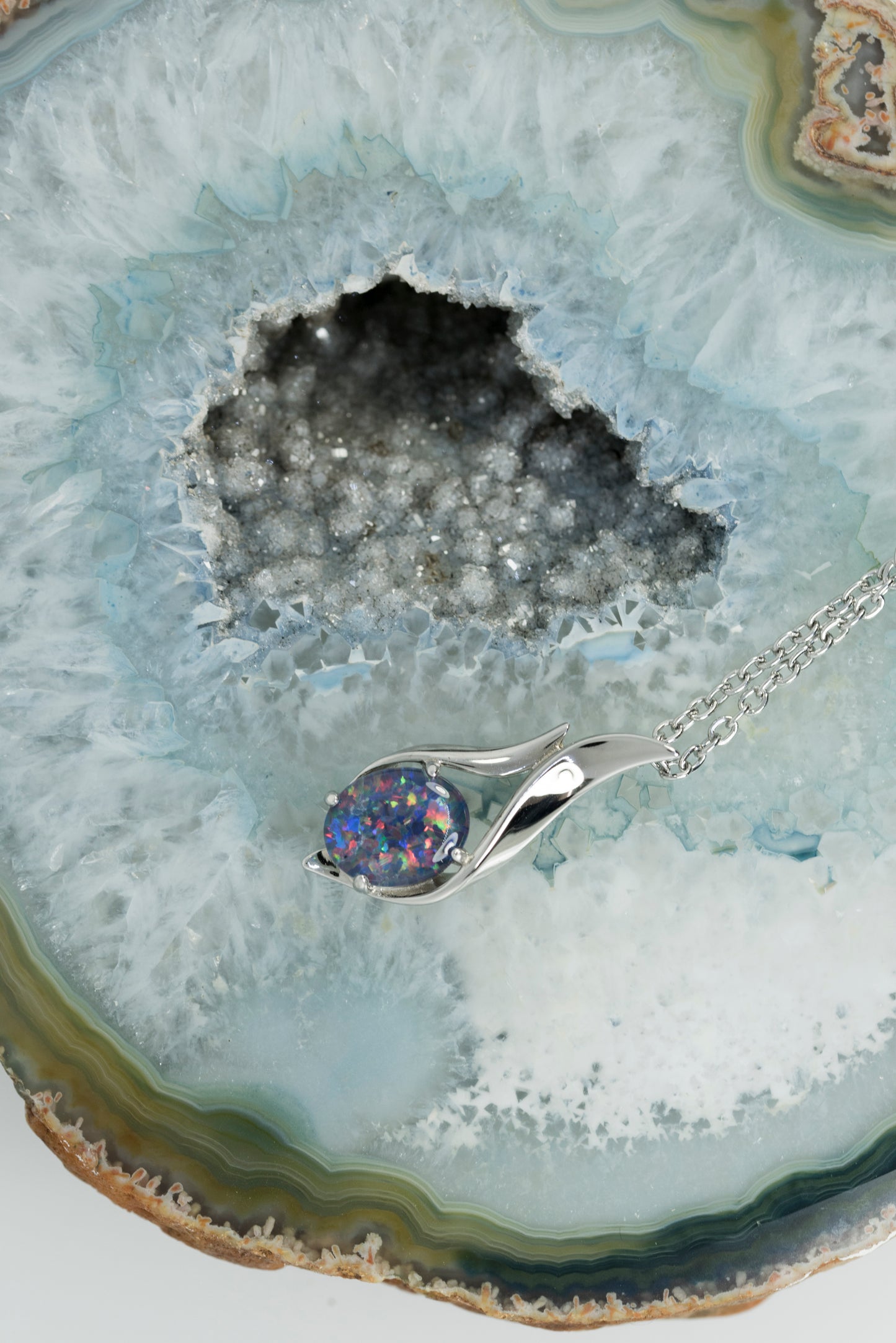 Multi Color Australian Black Opal Triplet - Genuine Australian Triplet Opal Necklace Pendant - White Gold Plated on Sterling Silver Women's Jewelry