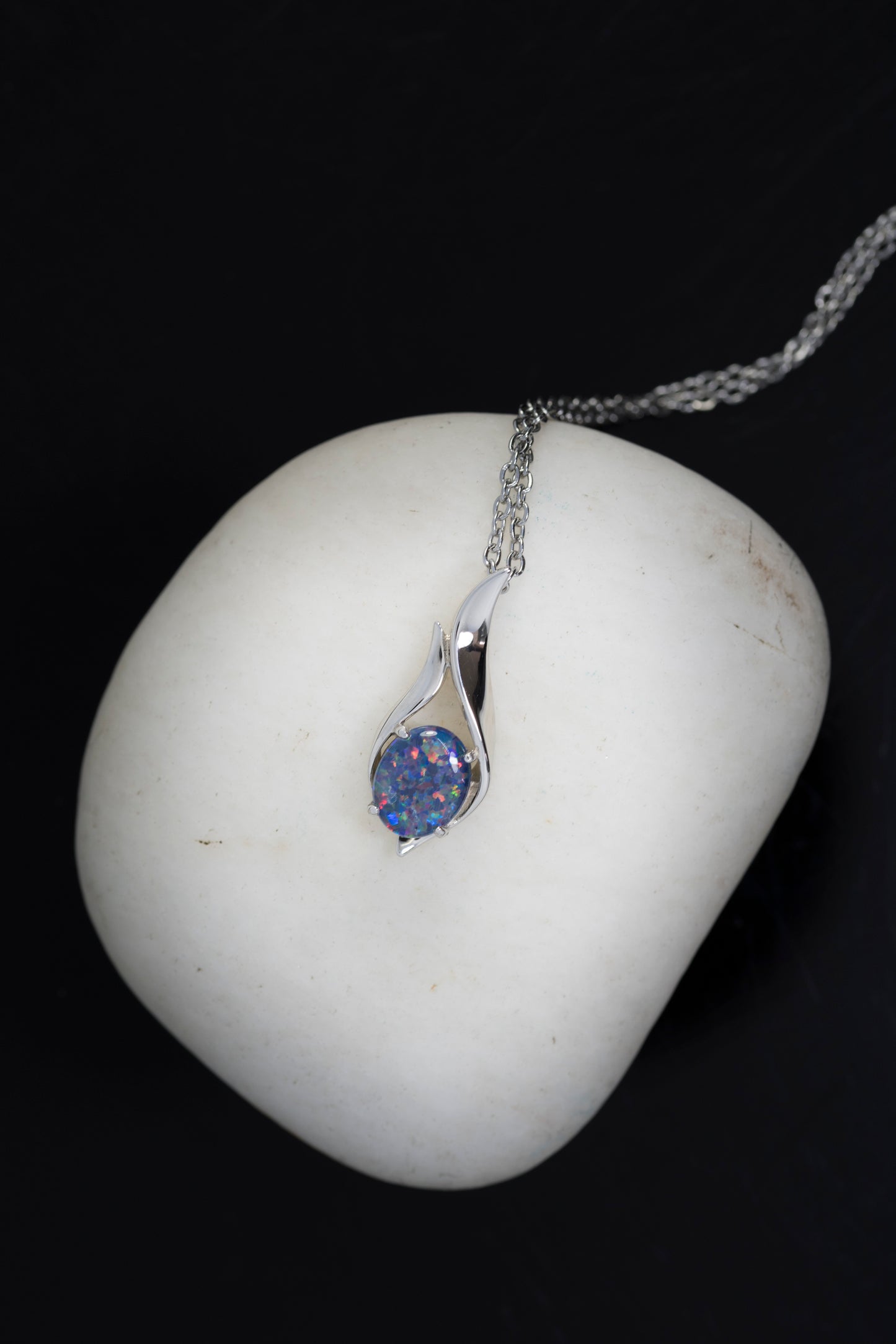 Australian Black Opal Triplet Pendant - Genuine Australian Triplet Opal Necklace - Purple Color - White Gold Plated on Sterling Silver Women's Jewelry