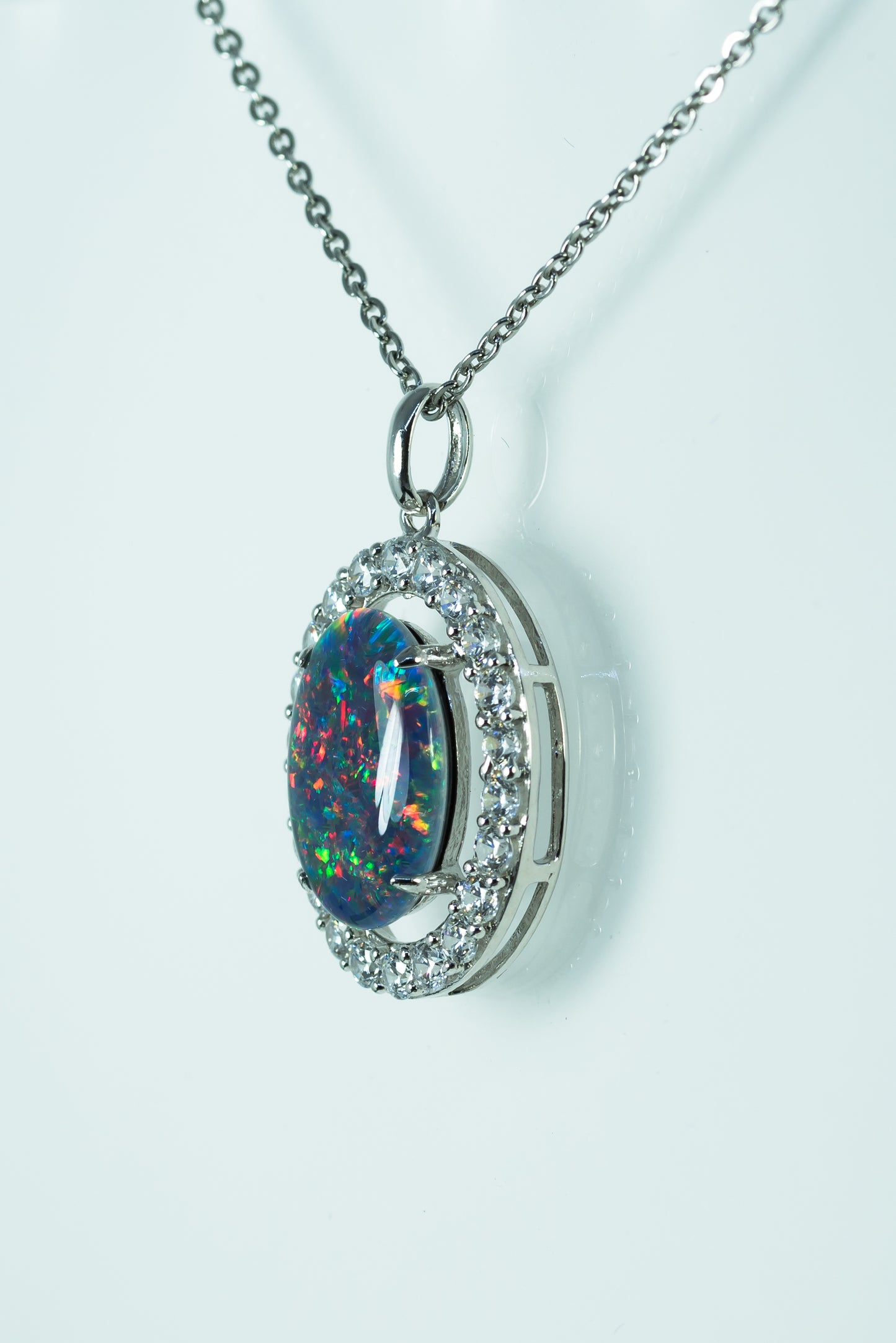 Luxury Australian Triplet Opal Jewelry - Halo Cluster Multi Color Fire Opal Necklace - Genuine Australian Triplet Opal Pendant in Sterling Silver White Gold Plated
