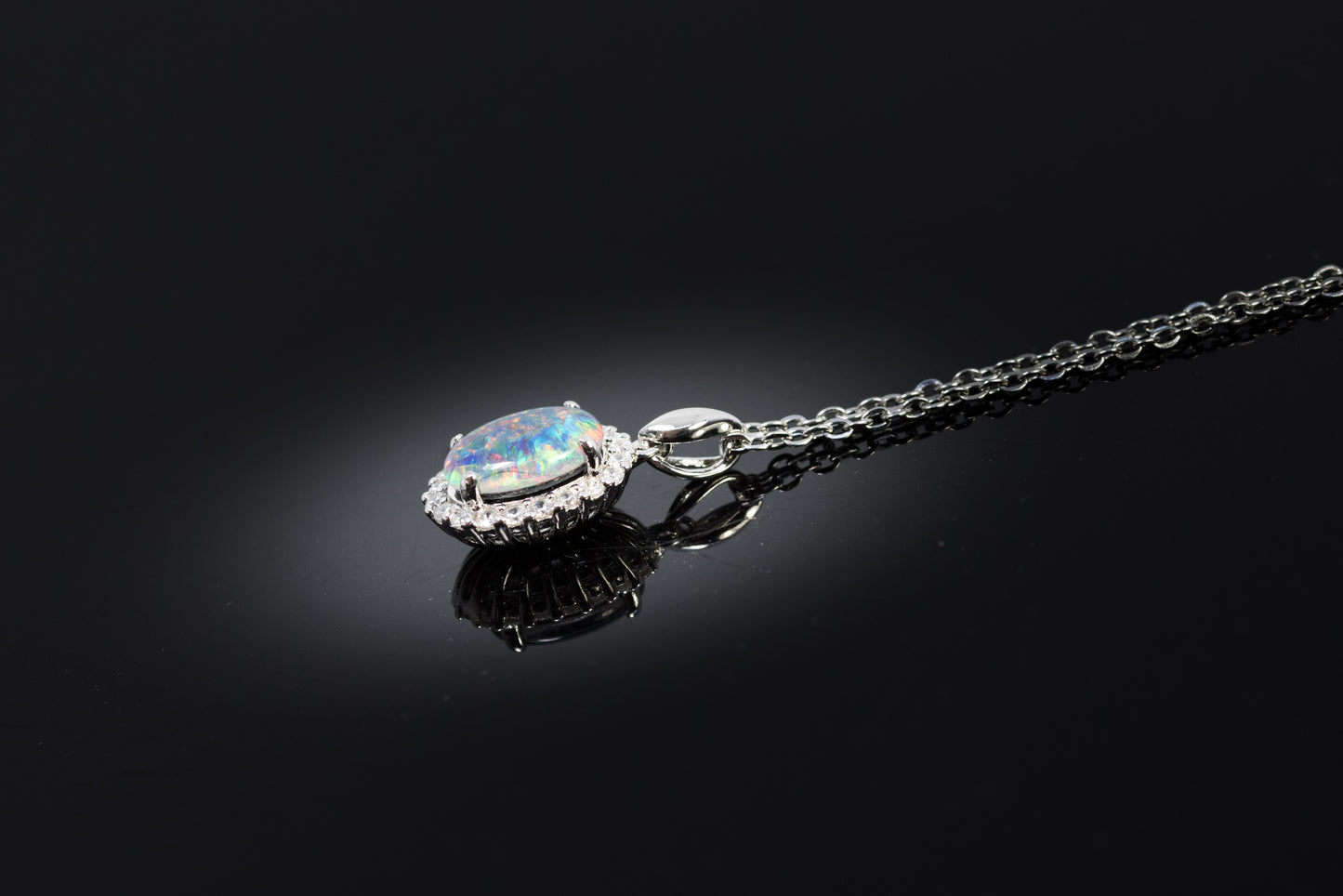 Australian Triplet Opal - Halo Cluster Multi Color Fire Opal Necklace - Genuine Australian Triplet Opal Necklace Pendant in Sterling Silver White Gold Plated