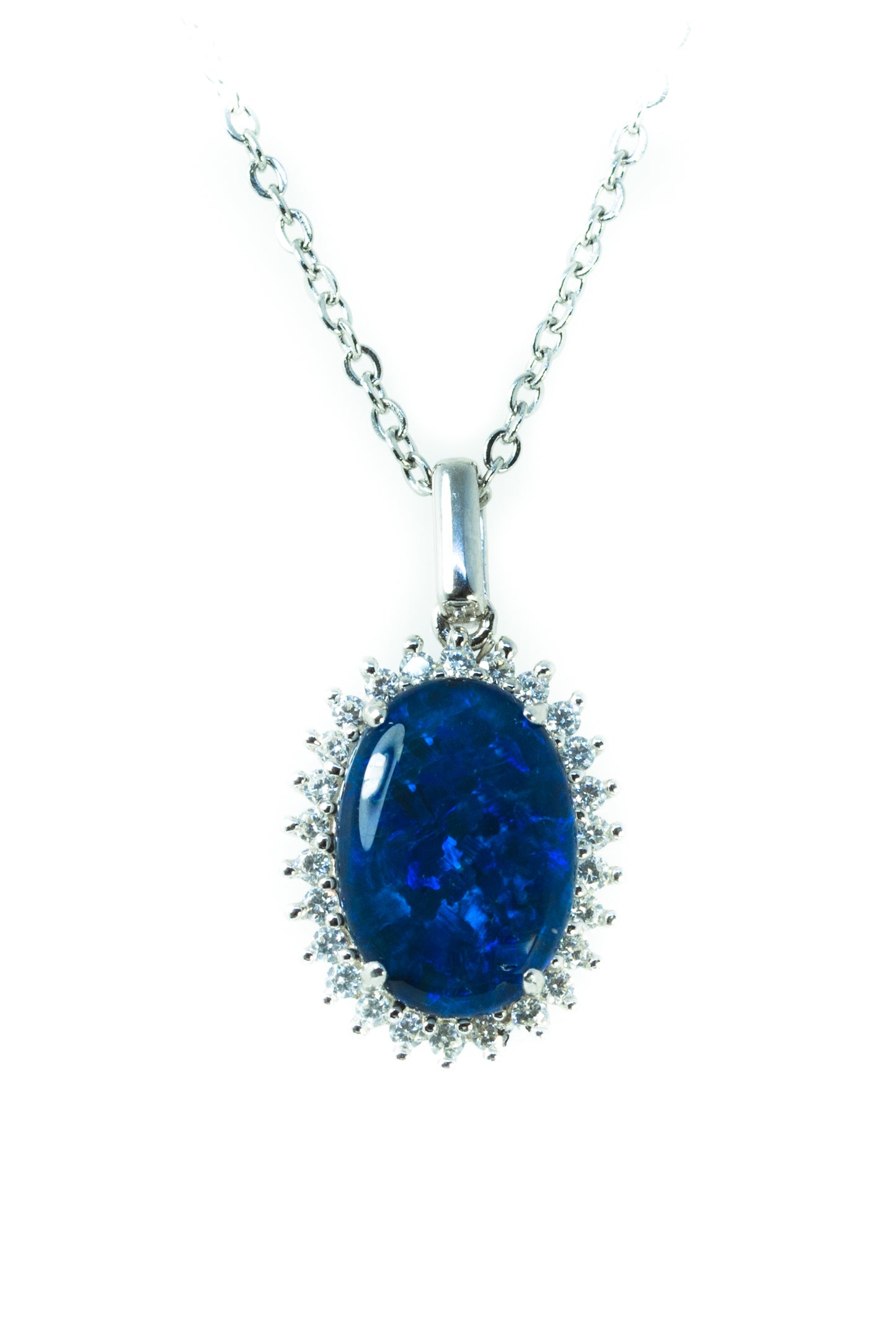 Australian Opal Halo Cluster Luxury Design - Deep Ocean Blue Opal Necklace - Genuine Australian Triplet Opal Necklace Pendant in Sterling Silver White Gold Plated