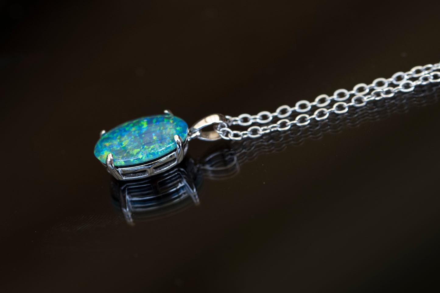Genuine Australia Triplet Opal Pendant - Fire Opal Necklace - Simple Design in Blue Green Color - Simple Oval Design - Sterling Silver White Gold Plated