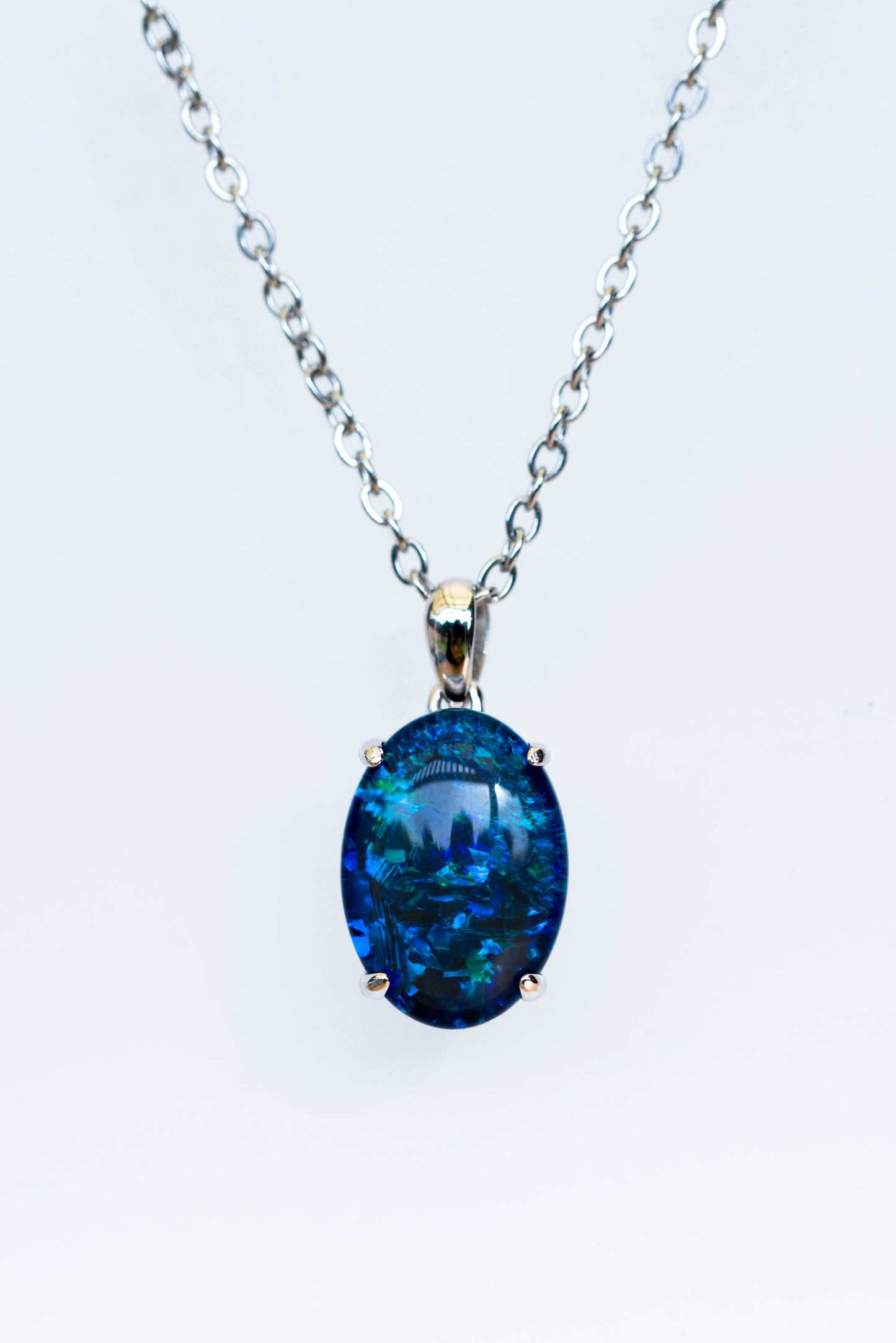 Genuine Australia Triplet Opal - Ocean Blue Color Opal Necklace in Simple Design - Authentic Australian Triplet Opal Necklace Pendant in Sterling Silver White Gold Plated for Women
