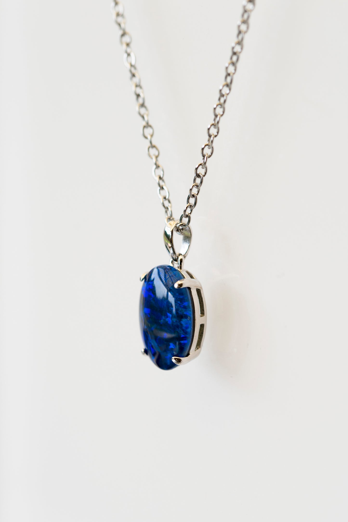 Genuine Australia Triplet Opal - Ocean Blue Color Opal Necklace in Simple Design - Authentic Australian Triplet Opal Necklace Pendant in Sterling Silver White Gold Plated for Women