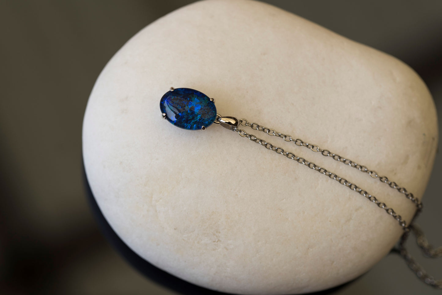 Genuine Australia Triplet Opal - Ocean Blue Color Opal Necklace in Simple Design - Authentic Australian Triplet Opal Necklace Pendant in Sterling Silver White Gold Plated for Women