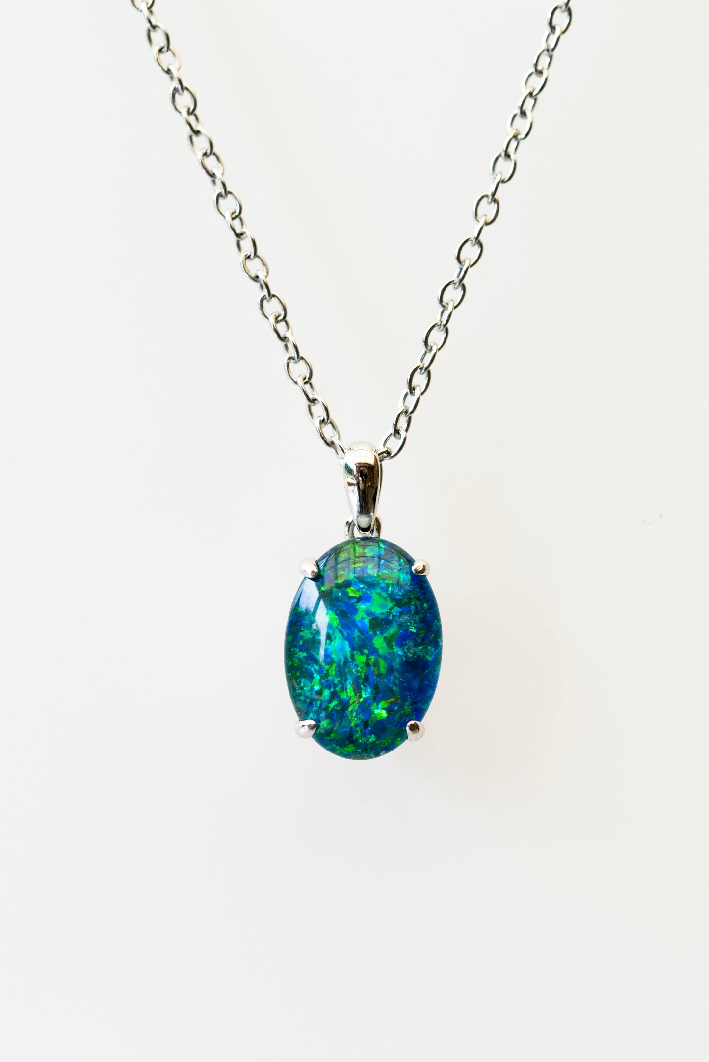 Genuine Australia Triplet Opal Pendant - Fire Opal Necklace - Simple Design in Blue Green Color - Simple Oval Design - Sterling Silver White Gold Plated