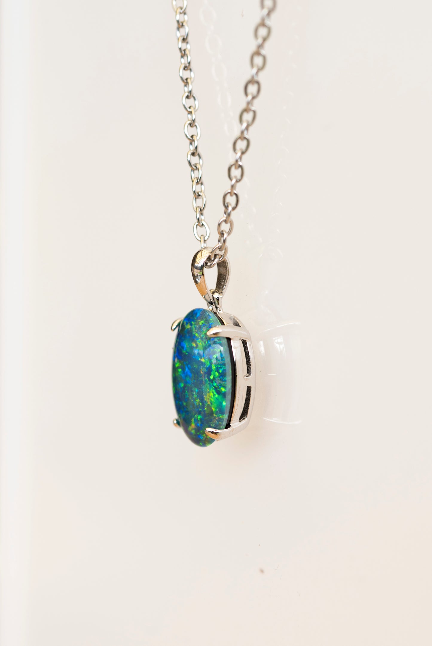 Genuine Australia Triplet Opal Pendant - Fire Opal Necklace - Simple Design in Blue Green Color - Simple Oval Design - Sterling Silver White Gold Plated