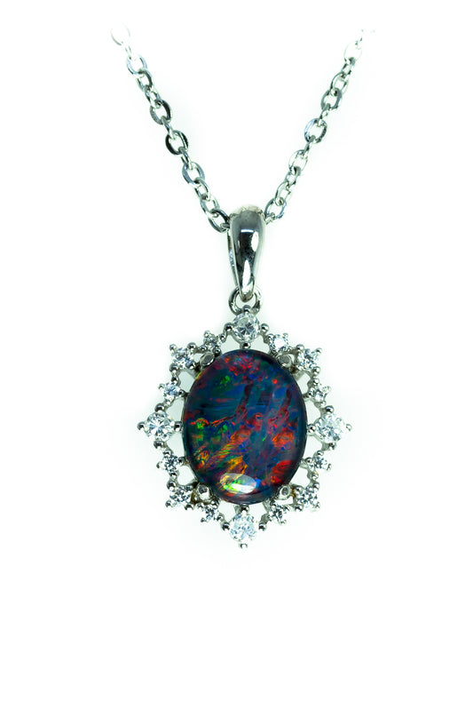 Halo Cluster Multi Color Fire Opal Necklace - Genuine Australian Triplet Opal Necklace Pendant in Sterling Silver White Gold Plated for Women