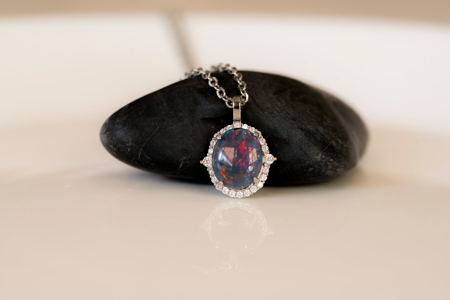 Australian Opal Halo Cluster Luxury Design - Multi Color Fire Opal Necklace - Sterling Silver White Gold Plating - Multi Color Gem Stone