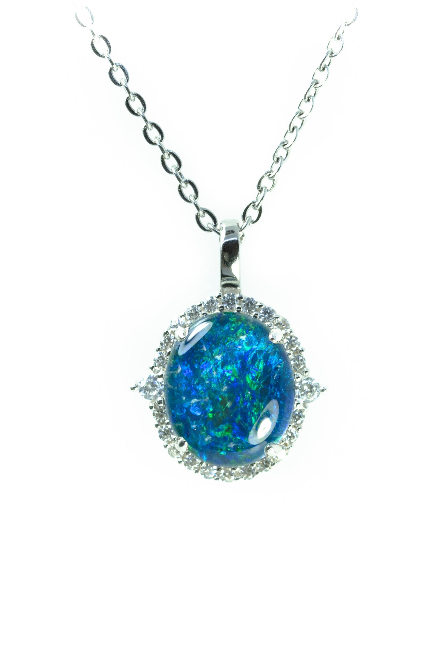 Australian Opal Halo Cluster Luxury Design - Multi Color Fire Opal Necklace - Sterling Silver White Gold Plating - Green Blue Gem Stone