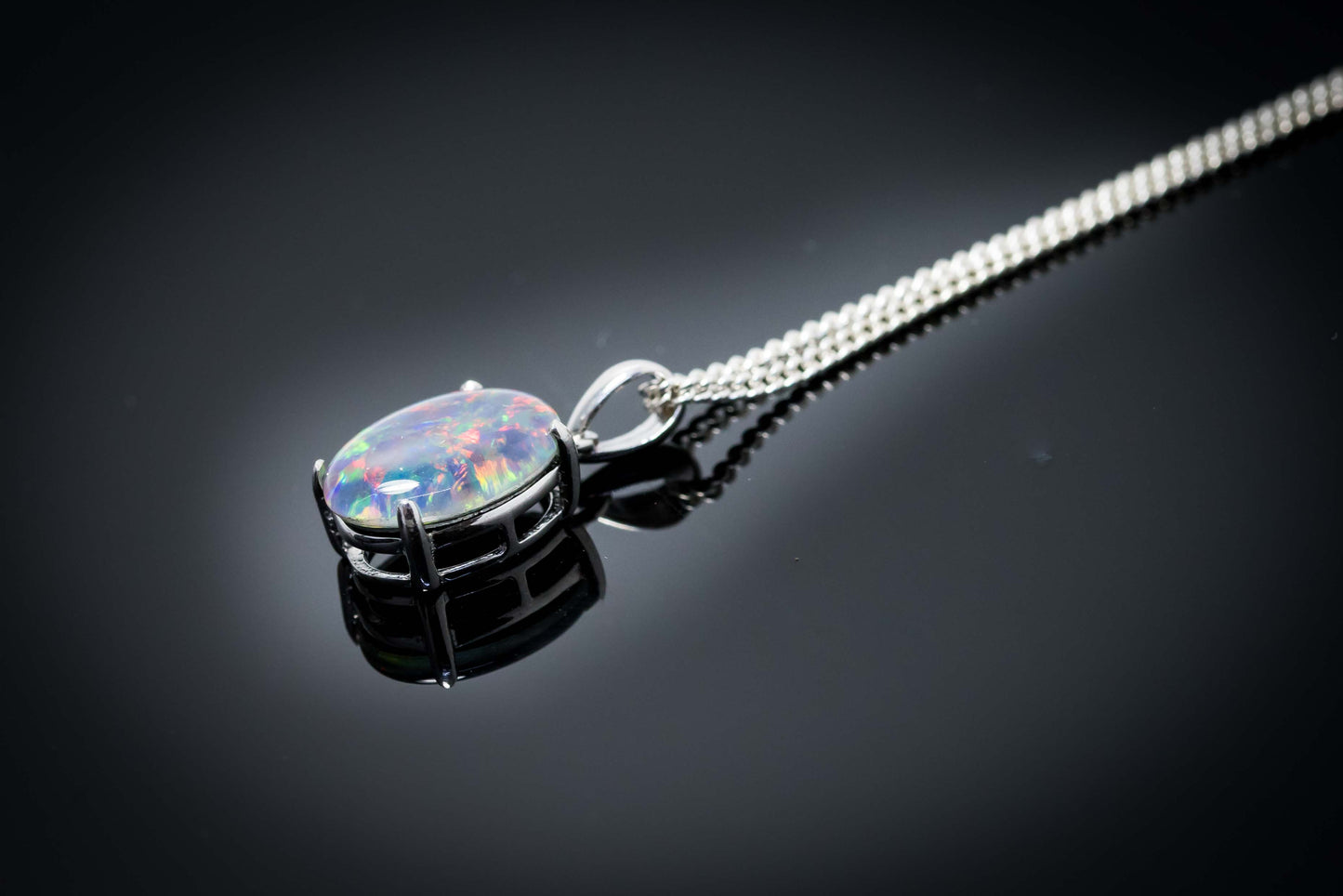 Australian Triplet Opal - Multi Color Fire Opal Necklace - Simple Design - Triplet Opal Pendant in Sterling Silver White Gold Plated