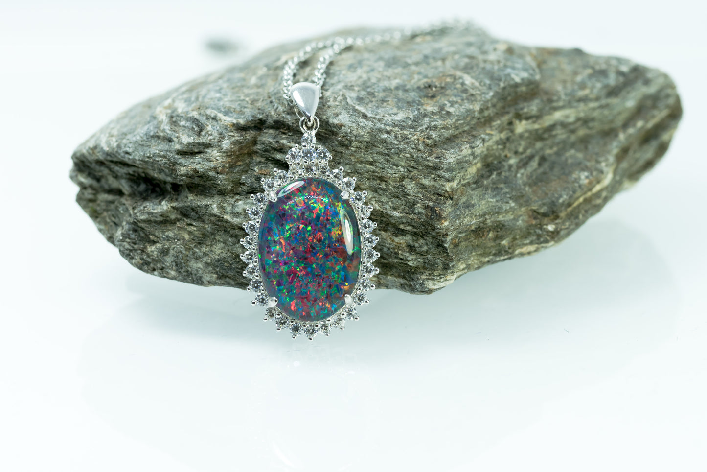 Large Australian Opal - Halo Cluster Multi Color Fire Opal Necklace - Genuine Australian Triplet Opal Necklace Pendant in Sterling Silver White Gold Plated