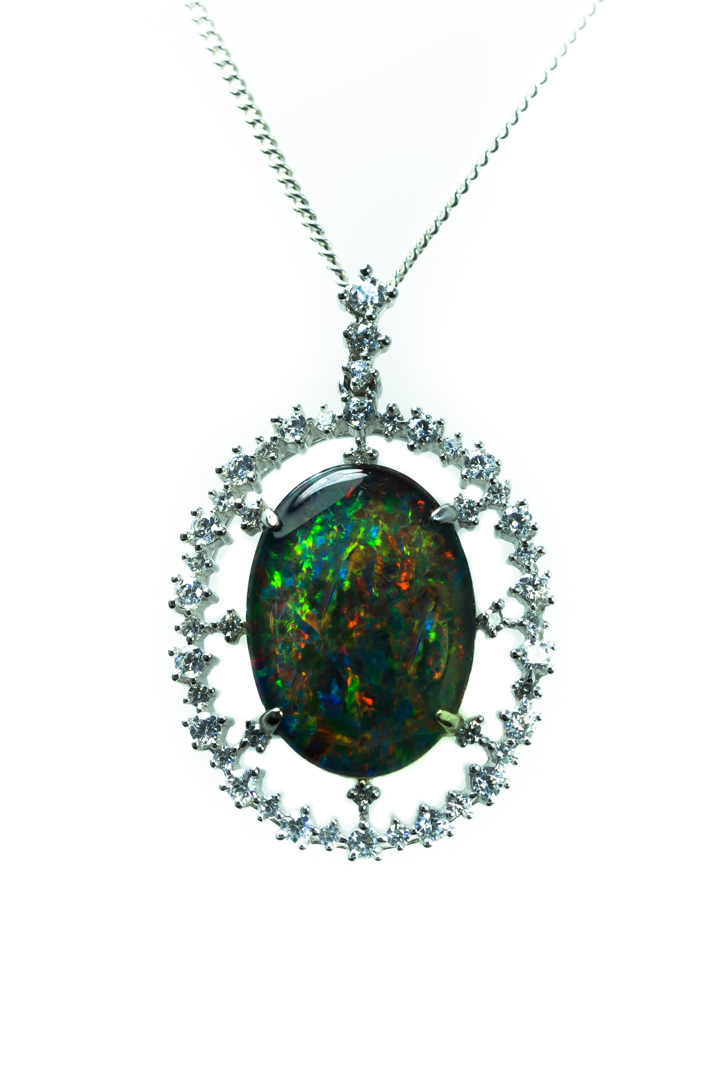 Large Australian Opal - Halo Cluster Multi Color Fire Opal Necklace - Genuine Australian Triplet Opal Necklace Pendant in Sterling Silver White Gold Plated