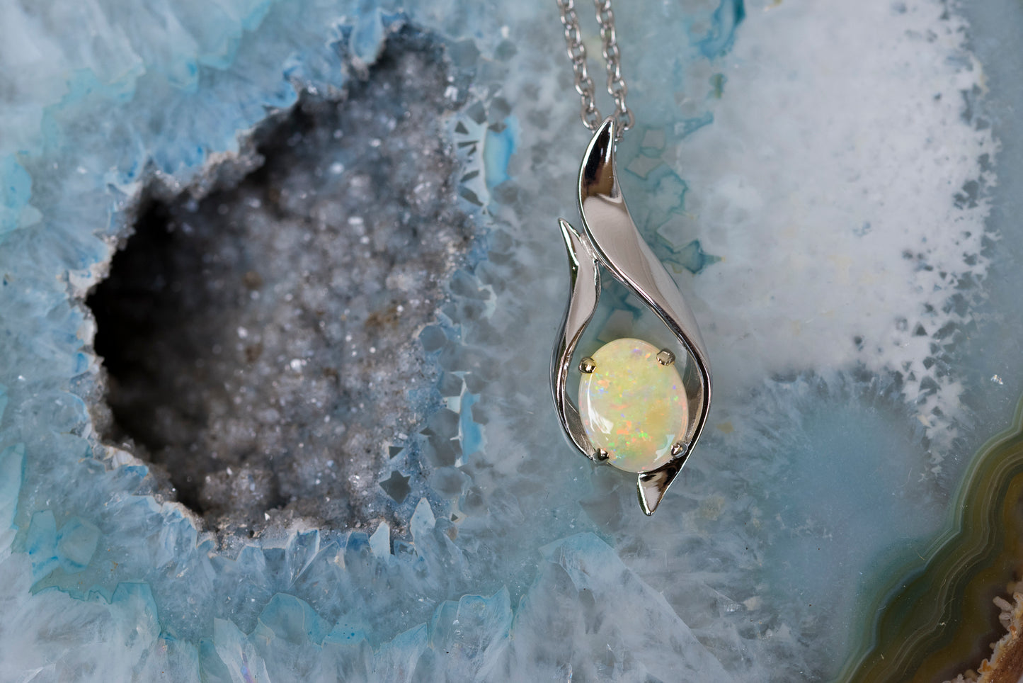 Solid Australian Opal - Authentic Multi Color Fire Opal Necklace - Australian Opal Necklace Pendant in Sterling Silver White Gold Plated