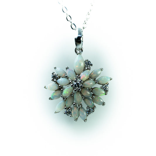 Australian Natural White Opal Necklace: Sterling Silver White Gold Plated Floral Pendant