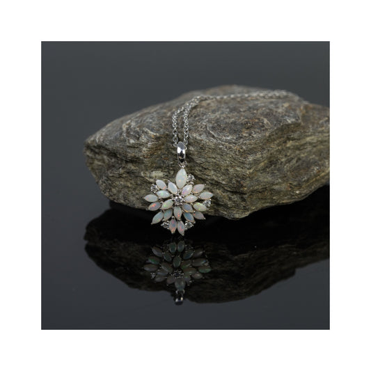 Australian Natural White Opal Necklace: Sterling Silver White Gold Plated Floral Pendant