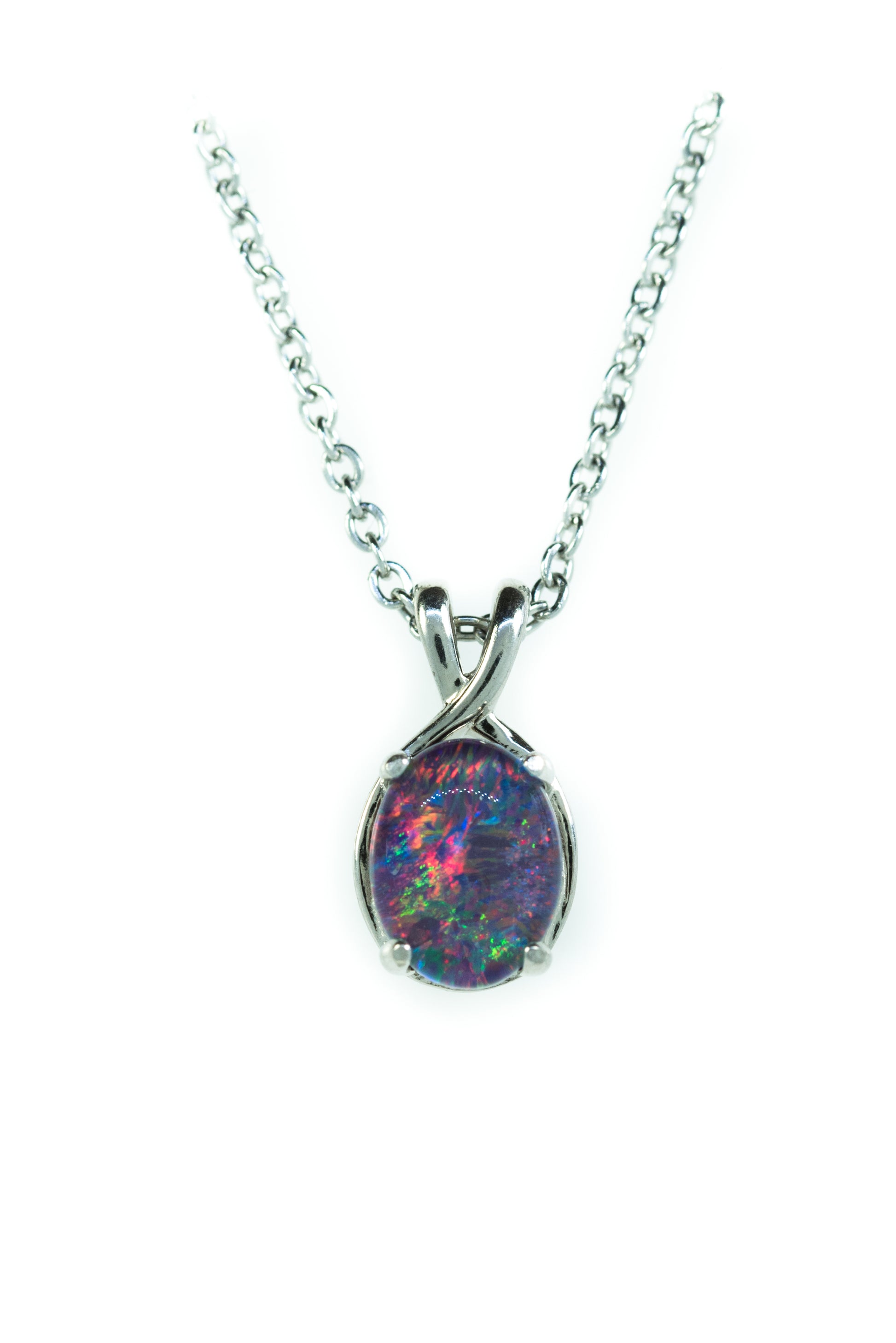 Opal pendant necklace on a white background