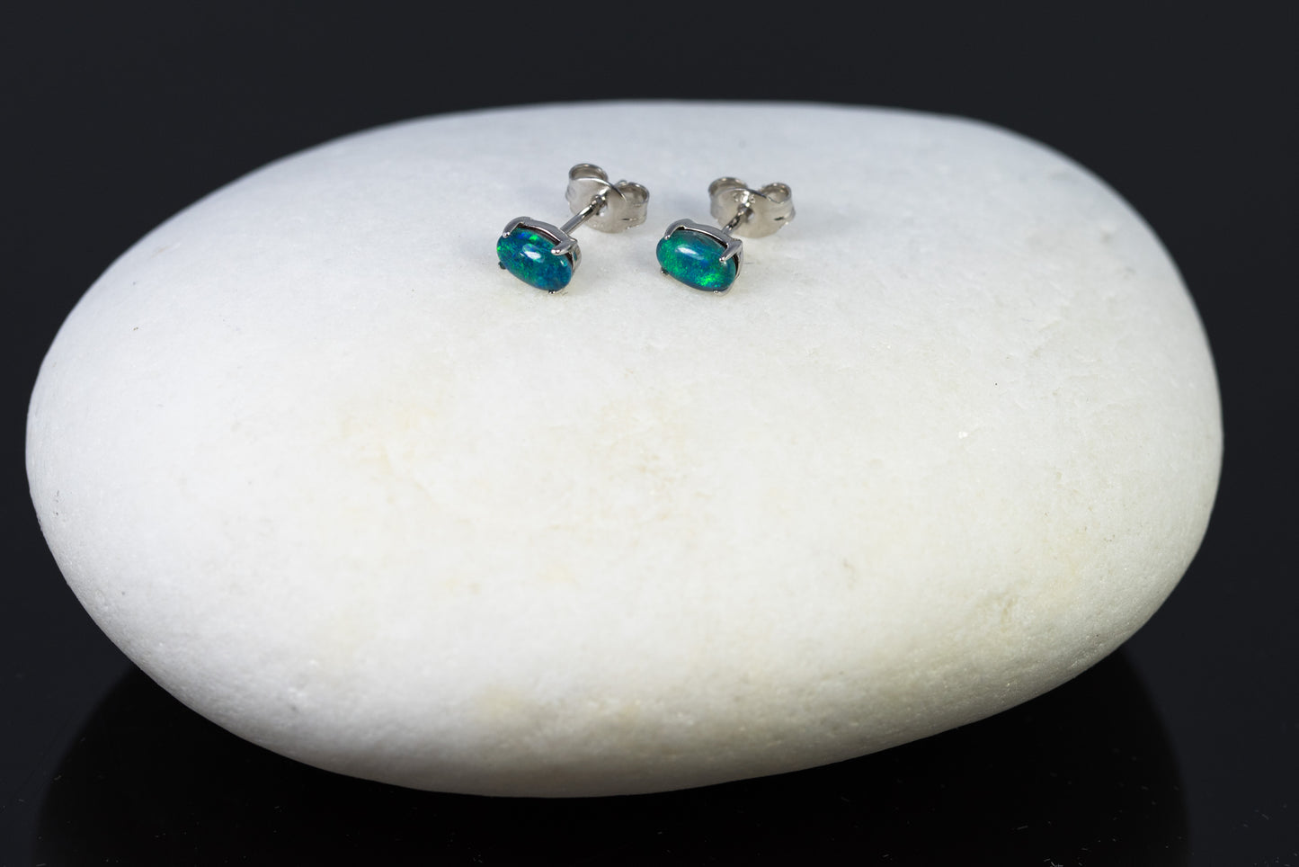 Dainty Australian Triplet Opal Earrings - Green Blue Fire Opal - Genuine Australian Triplet Opal Earrings in Sterling Silver White Gold Plated Simple Design