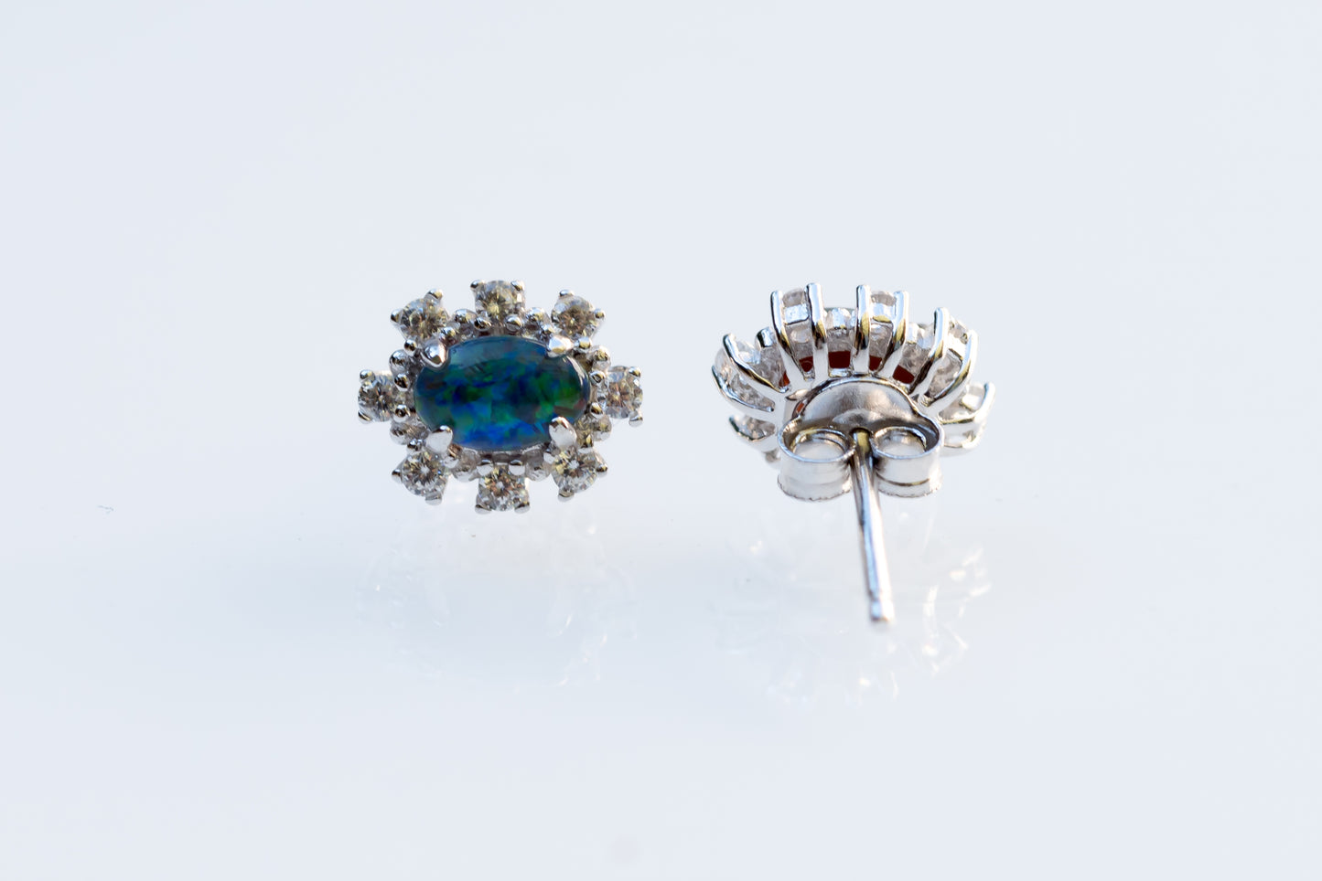 Dainty Australian Opal Earrings - Green Blue Fire Opal - Genuine Australian Triplet Opal Earrings in Sterling Silver White Gold Plated