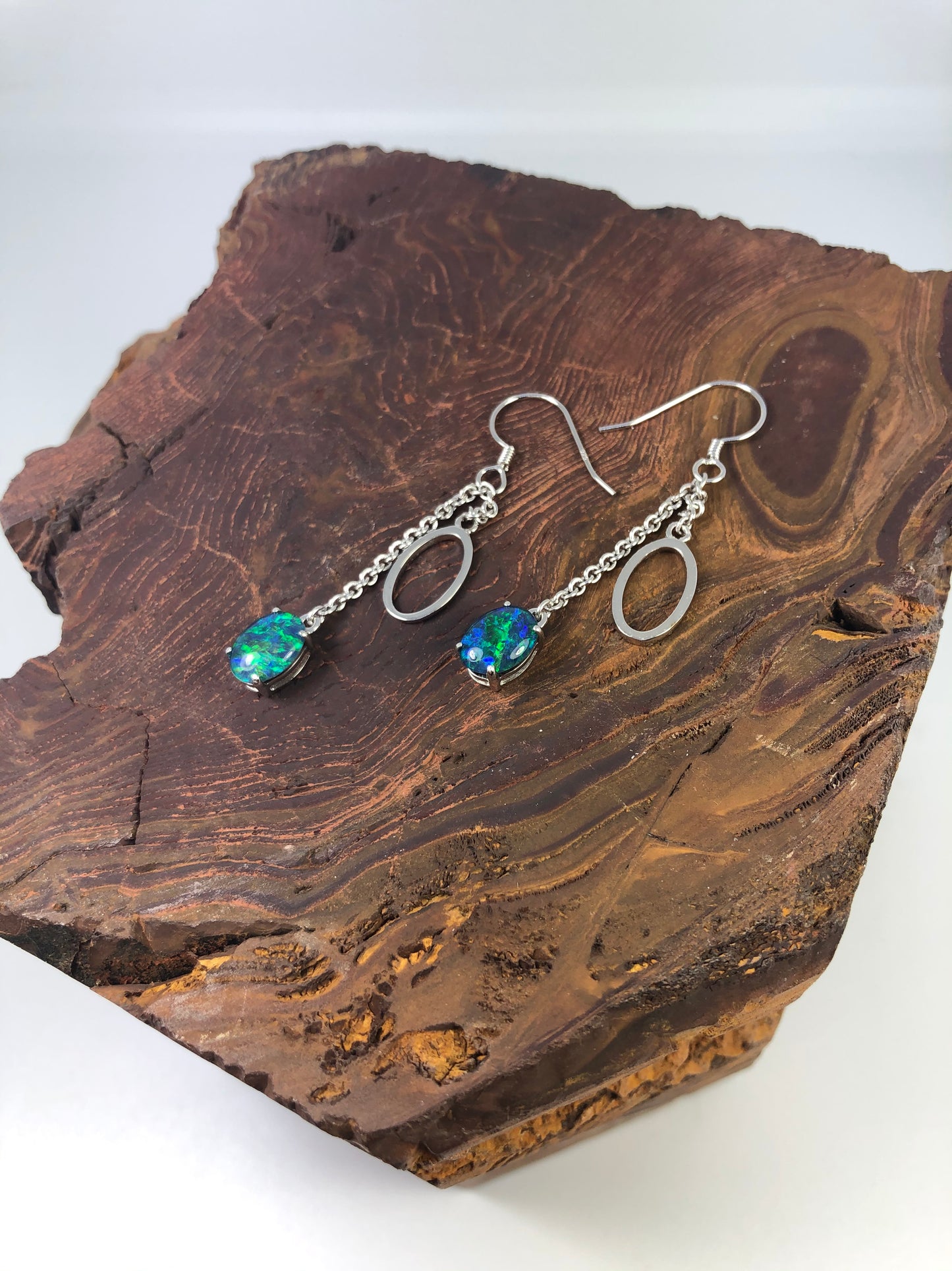 Australian Triplet Opal Earrings - Green Blue Fire Opal - Genuine Australian Triplet Opal Earrings in Sterling Silver White Gold Plated