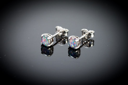 Dainty Australian Triplet Opal Earrings - Multi Colour Dainty Opal - Genuine Australian Triplet Opal Earrings in Sterling Silver White Gold Plated