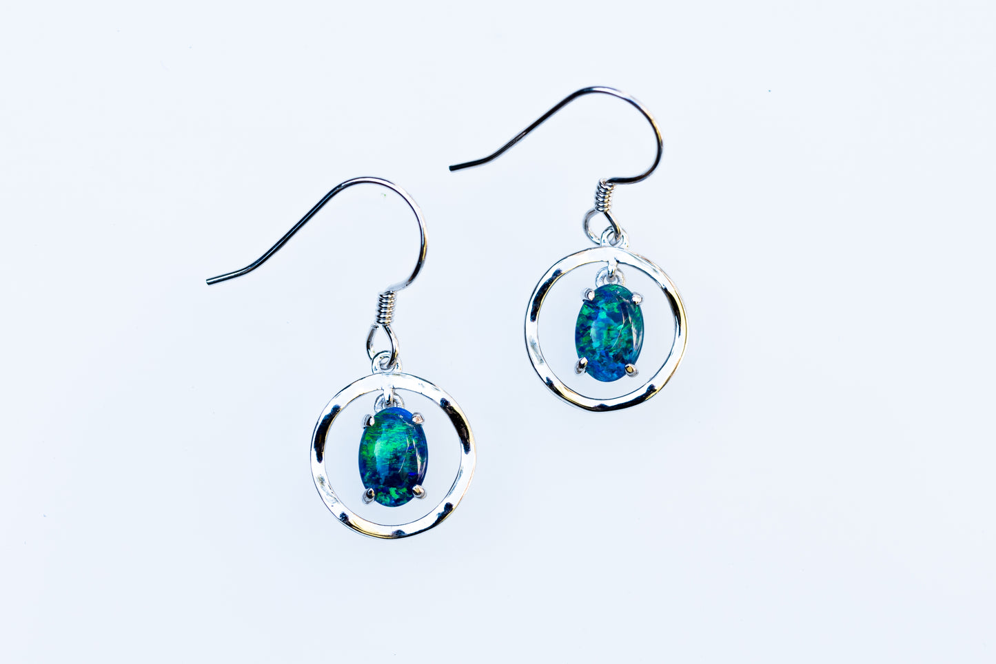 Australian Triplet Opal Earrings - Green Blue Fire Opal - Genuine Australian Triplet Opal Earrings in Sterling Silver White Gold Plated