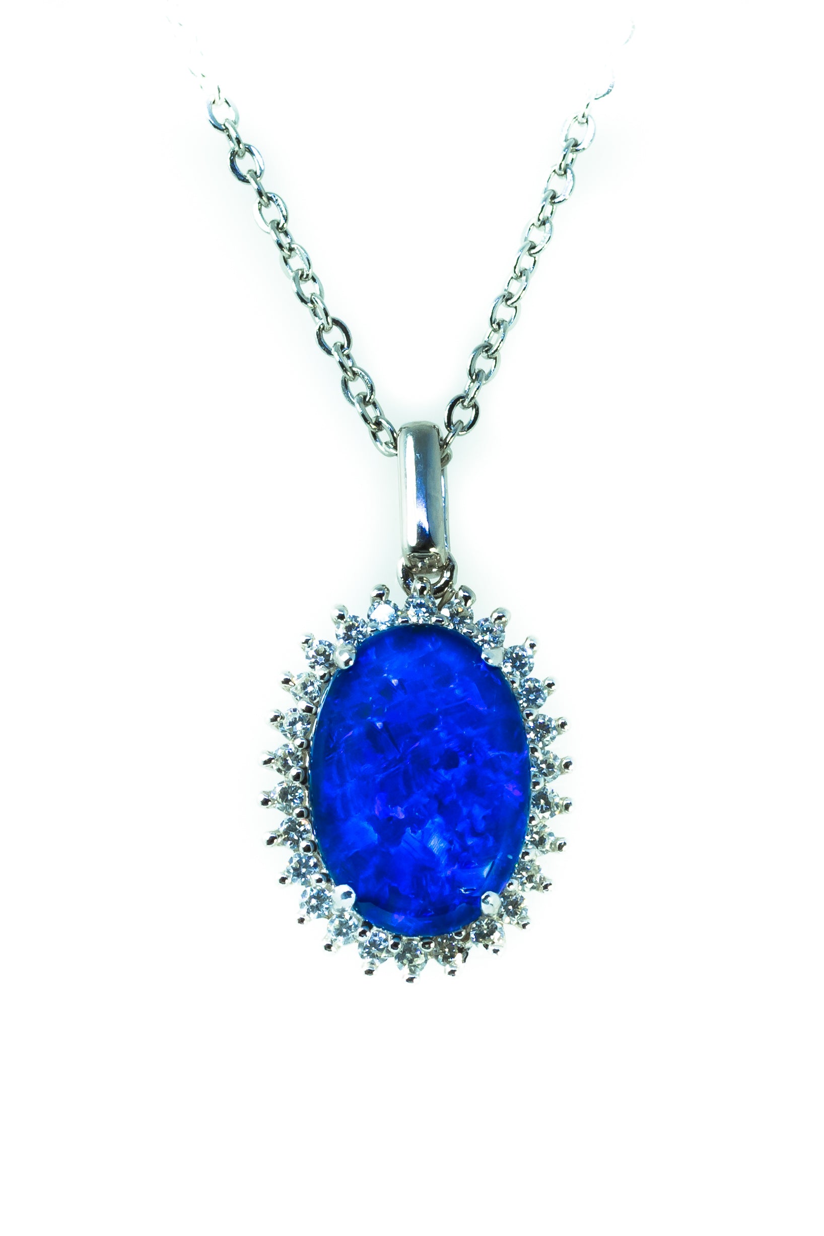 Blue Australian opal pendant necklace on a white background